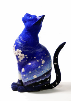 青い夜明　熊木早苗　羊毛フェルト　猫　桜　富士山　cat　aube bleue　リアル猫